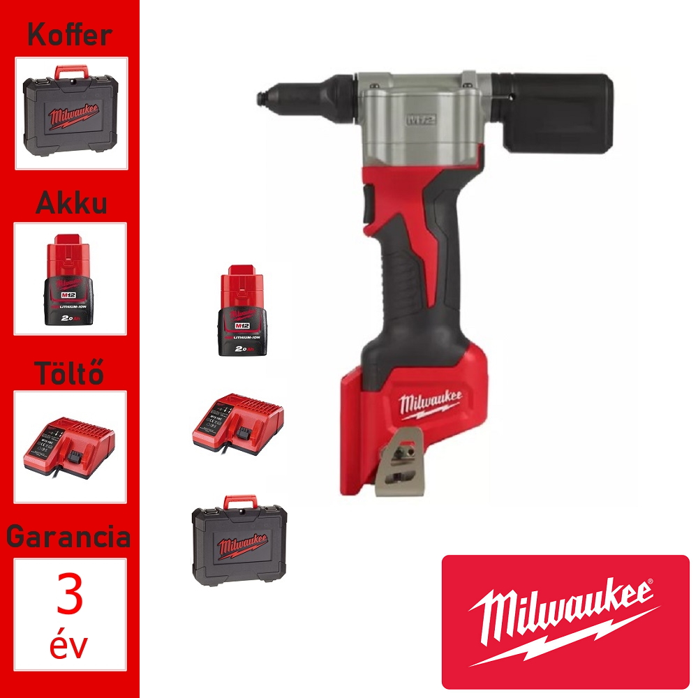 Milwaukee 12V akkus popszegecshúzó + akku, töltő, koffer